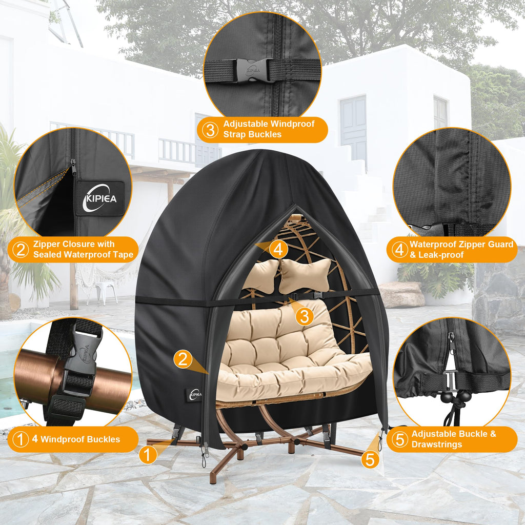 Patio Egg Chair Covers Waterproof, 500D Upgraded Outdoor Hanging Egg Chair Covers with Waterproof Zipper, Double Seat
