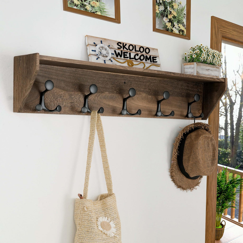 Wall Shelf with Hooks, 35-Inch Weathered Brown Wall Mounted Coat Rack with Shelf Organizer - Lightweight & Sturdy