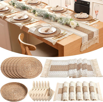 Boho Placemat Table Runner Napkin Rings, Khaki, 12x72, 6 Sets | Woven Mats for Dining with Wood Bead Rings, Cloth