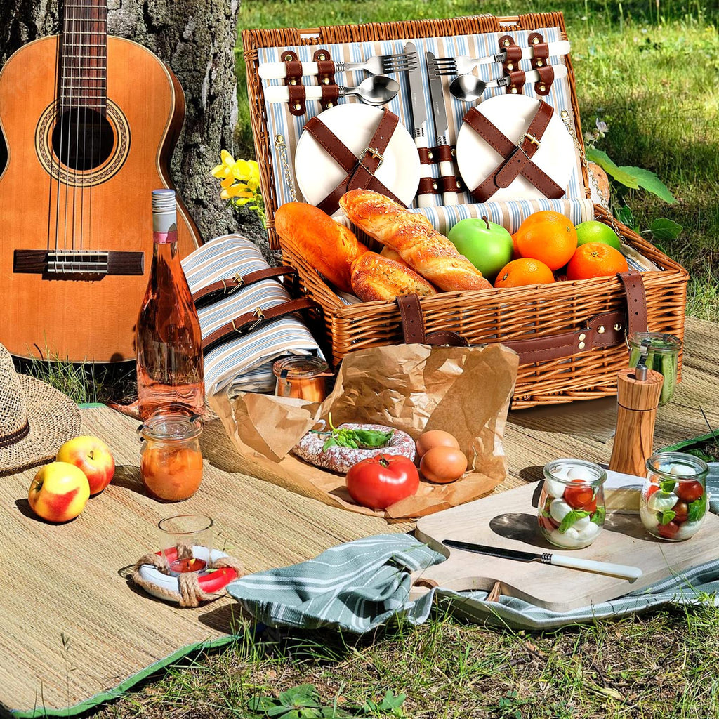 Wicker Picnic Basket for 4 with Waterproof Blanket Blue Stripes