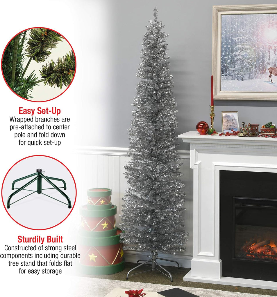 Tree Company 7ft Unlit Silver Tinsel Artificial Christmas Tree | 640 Tips, Includes Stand
