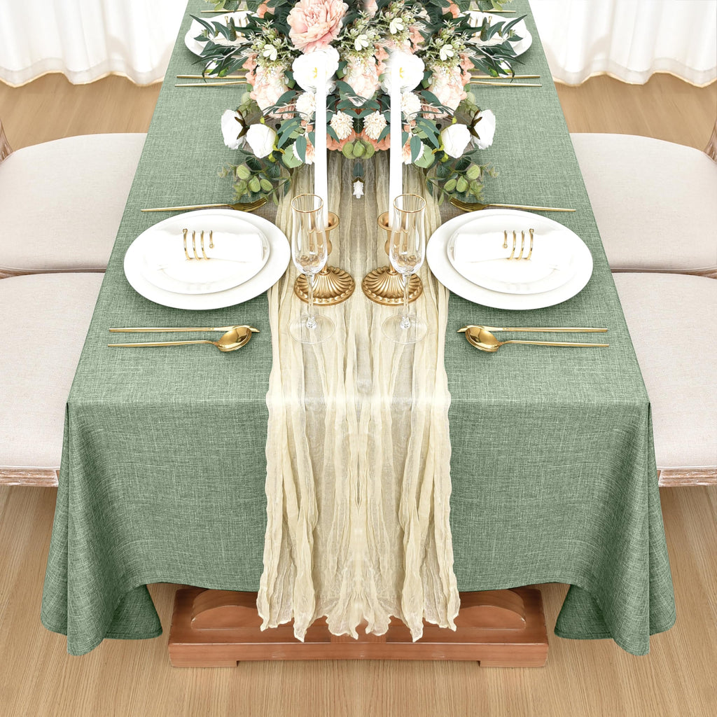 2 Pack Faux Linen Rectangle Tablecloths, 60 x 102 Inch, Sage Green