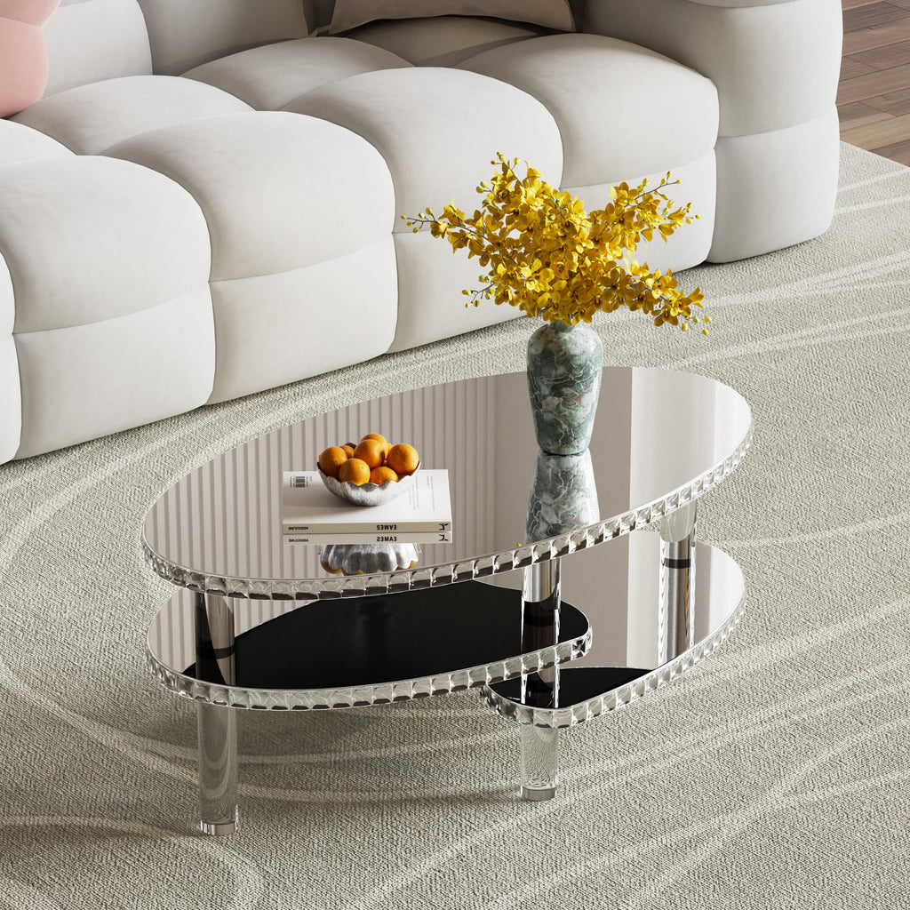 Modern Silver Mirror Coffee Table Luxury 43" Oval Glass Coffee Tables with Crystal Trim and Acrylic Legs Elegant