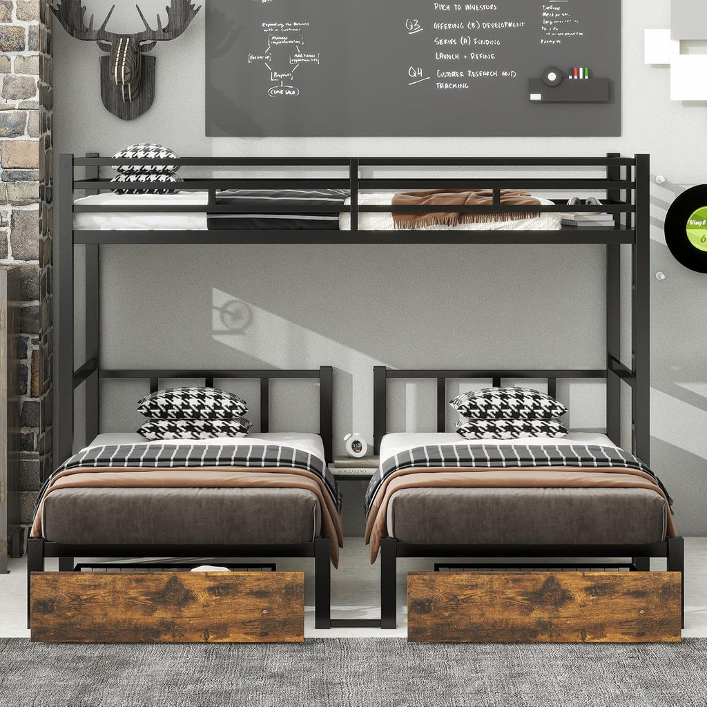 Triple Bunk Bed for Kids,Detachable TwinXL Over Twin Over Twin Metal Bunk Bed with Guardrails,Ladder &