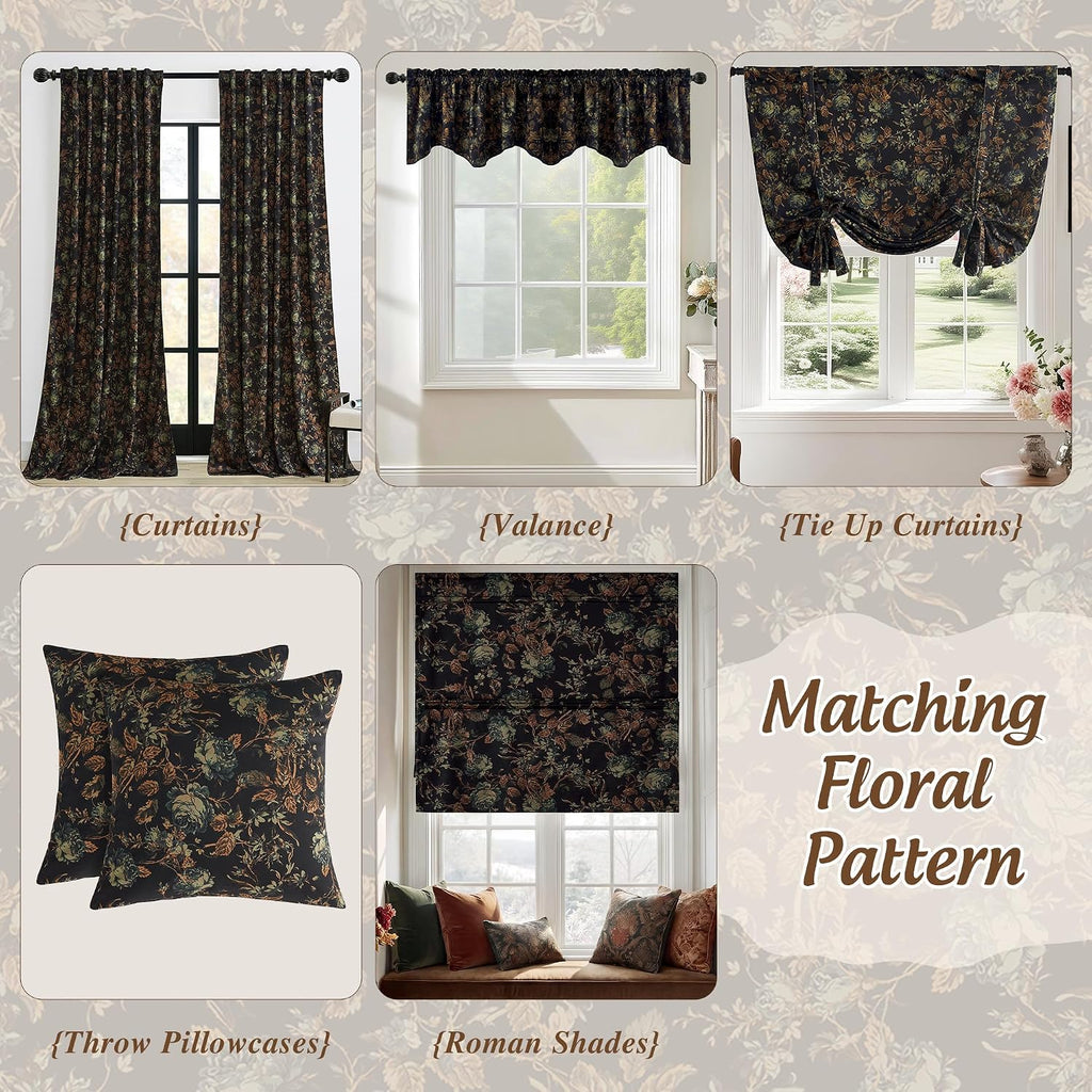 Black Floral Roman Shades for Windows, Cordless Magnetic Velvet Window Blind with Privacy Vintage Moody Botanical
