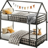 Bunk Bed Twin Over Twin, House Bunk Bed Frame with Ladder and Guardrail