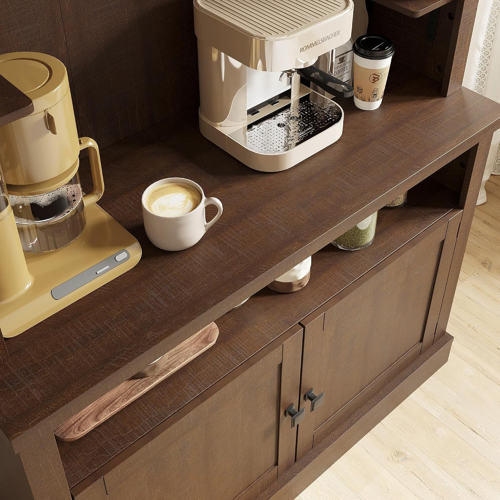 72" Farmhouse Coffee Hutch Cabinet, Large LED Buffet Sideboard with Wine Rack & Glass Shelf, Tall Kitchen Storage