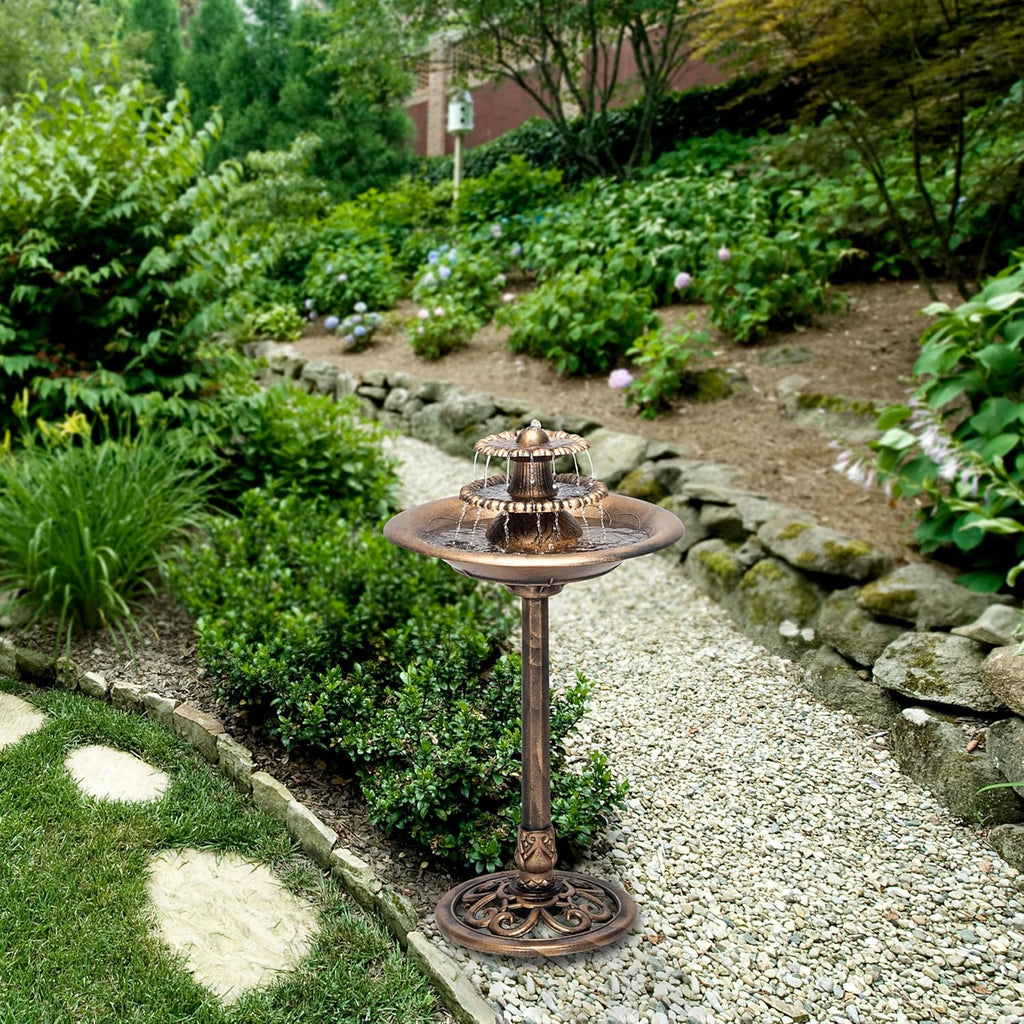 35” Tall 3-Tier Pedestal Water Fountain with Birdbath in Vintage - Outdoor Garden Fountain Decoration, Bronze
