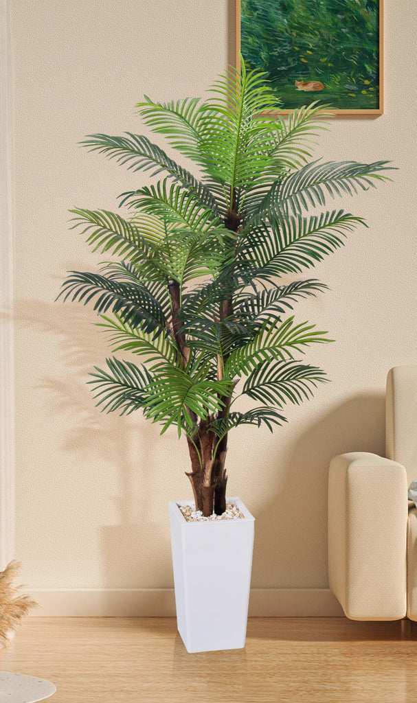 Artificial Palm Tree 7FT, Fake Tree with Realistic Fiber Trunks and White Tall Planter, Faux Tropical Areca Floor