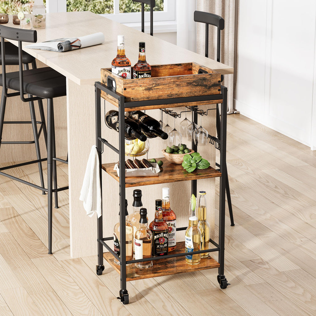 3 Tier Rolling Bar Cart with Wheels, Wine Cart with Removable Tray, Rustic Bar Carts Small, Drink Cart for Small