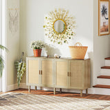 Sideboard Buffet Cabinet, 62" Boho Buffet Table, Rattan Coffee Bar Cabinet with 4 Doors and Shelves for Kitchen