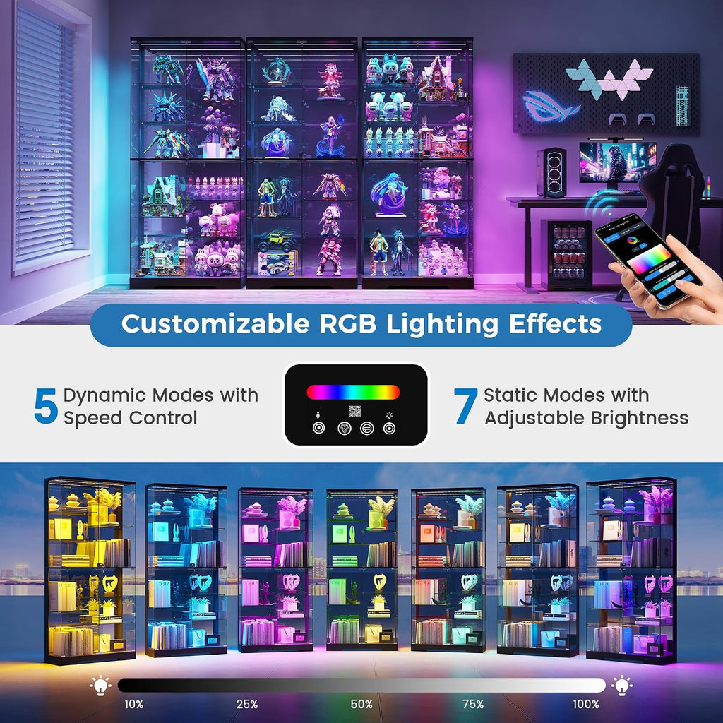 Lockable Display Cabinet with Glass Doors and RGB Lights - Black | 71" Tall; 10-Tiers Shelves; Pop-Up Tempered Glass;