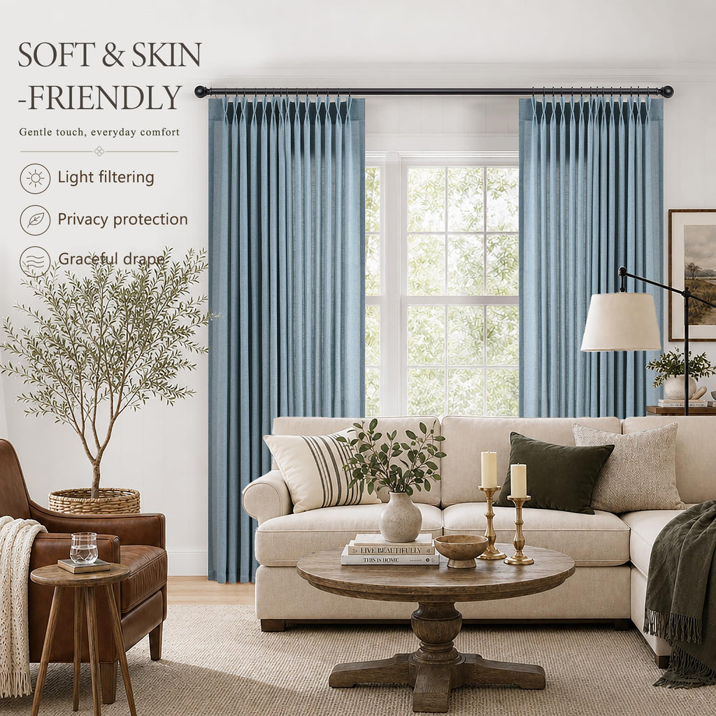 Blue Pinch Pleated Linen Curtains 84 Inches Long