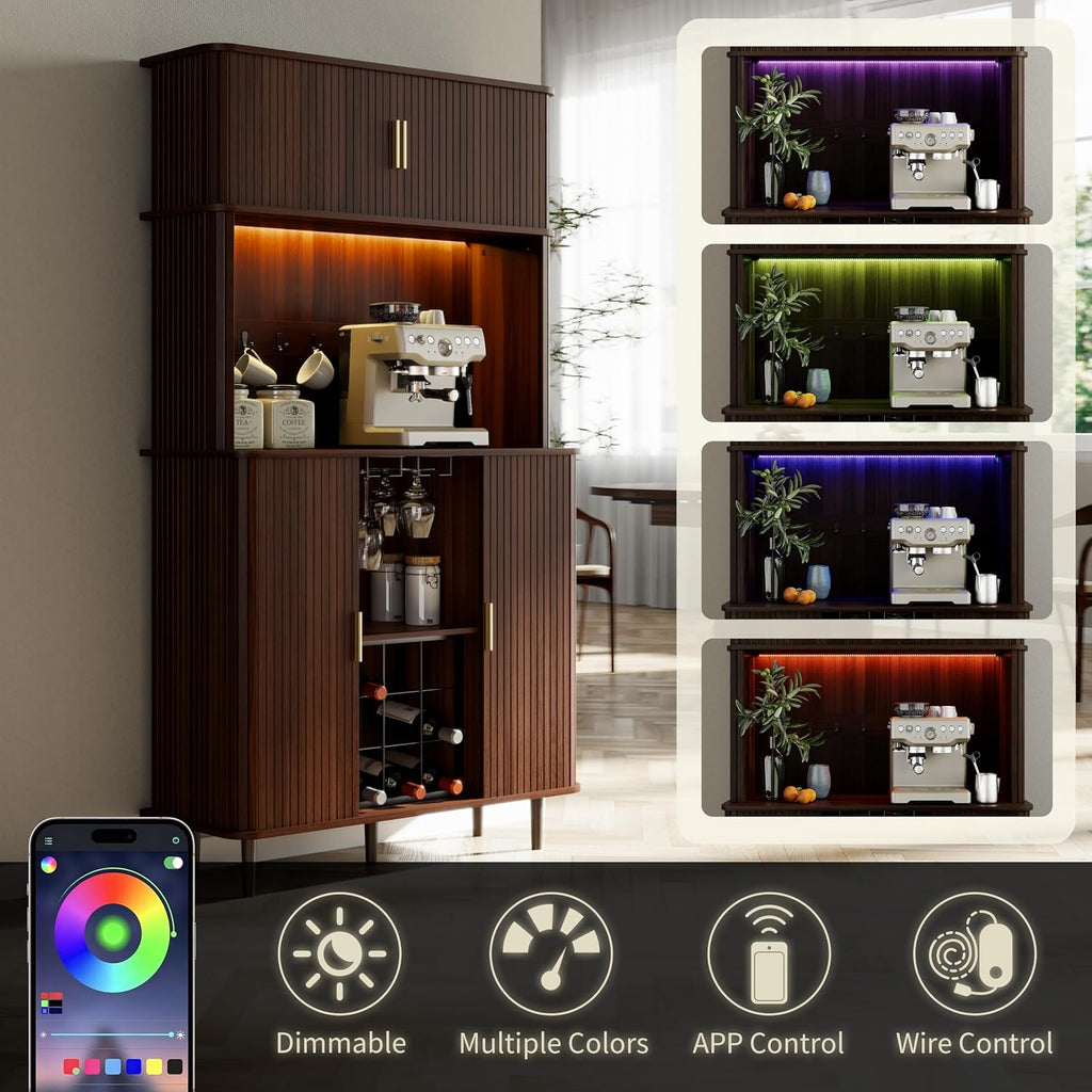71" Tall Wine Bar Cabinet with Storage & Wine Rack,Fluted Liquor Cabinet,Modern Coffee Bar Cabinet with LED Lights
