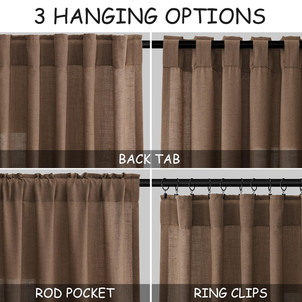 Caramel Brown Linen Curtains 120 Inch Extra Long Back Tab Light Filtering Semi Sheer Drapes Modern Farmhouse Decor