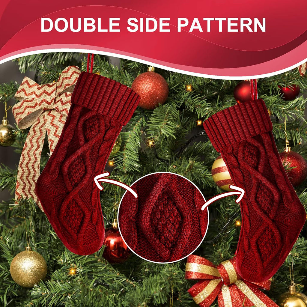 14" Unique Burgundy and Ivory White and Green Knitted Christmas Stockings - Set of 3