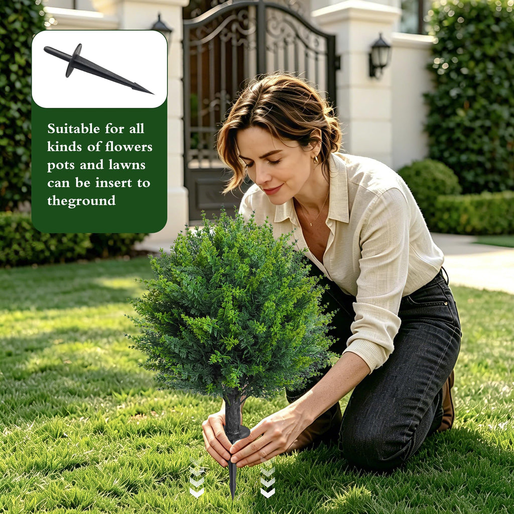 25" Artificial Cedar Topiary Ball Tree, Set of 2 with Ground Spikes, UV Resistant Faux Cypress Plants, Evergreen