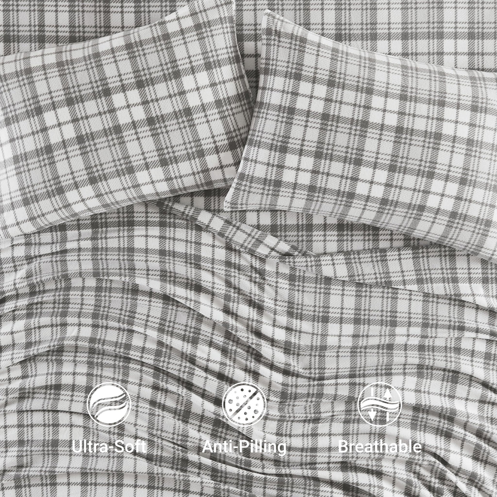 Sleep Philosophy Micro Fleece Sheets Bed Set 3 Piece, Grey Plaid