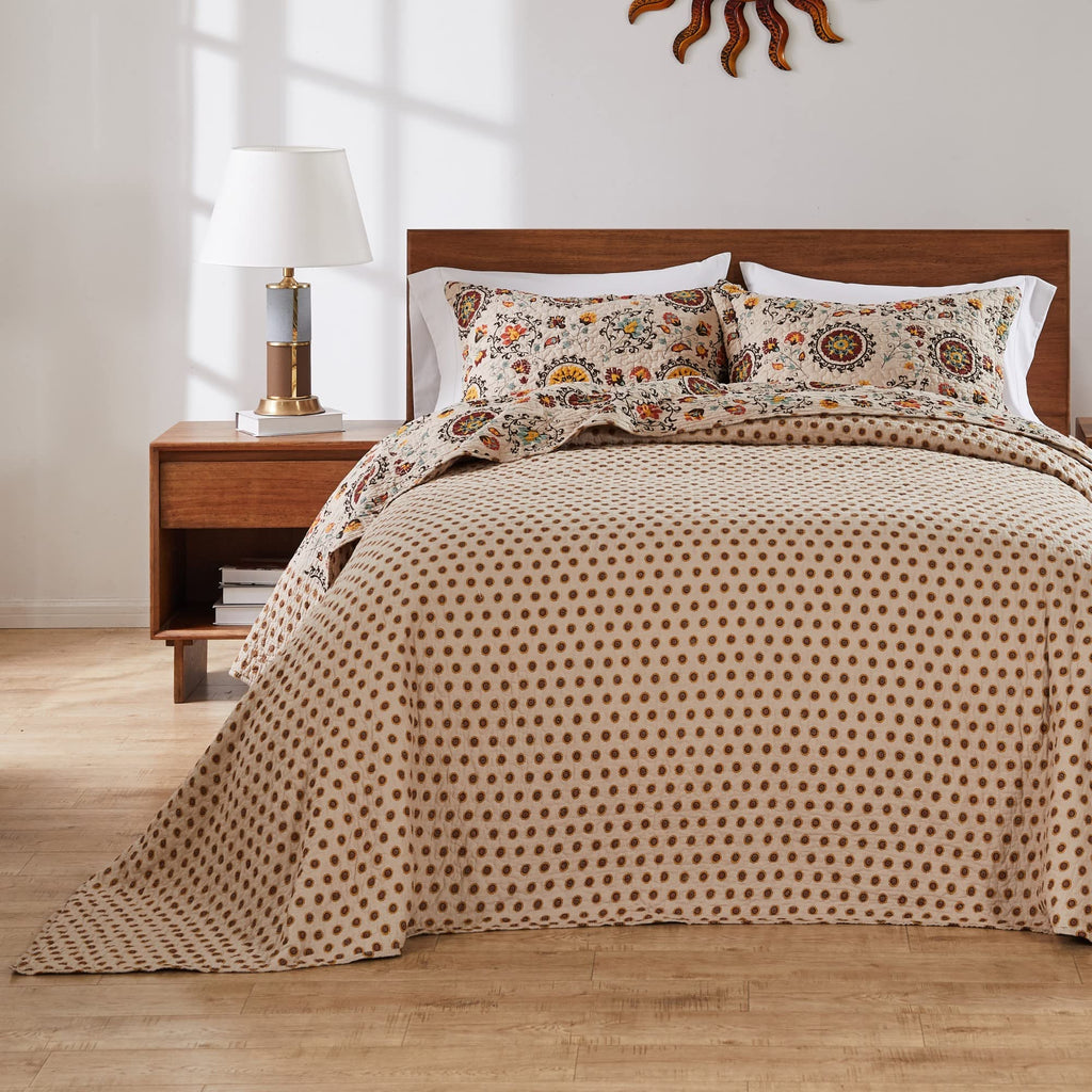 Andorra Cotton Traditional Bedspread Set - Jumbo Sized Reversible Quilt Set, 3-Piece, Taupe