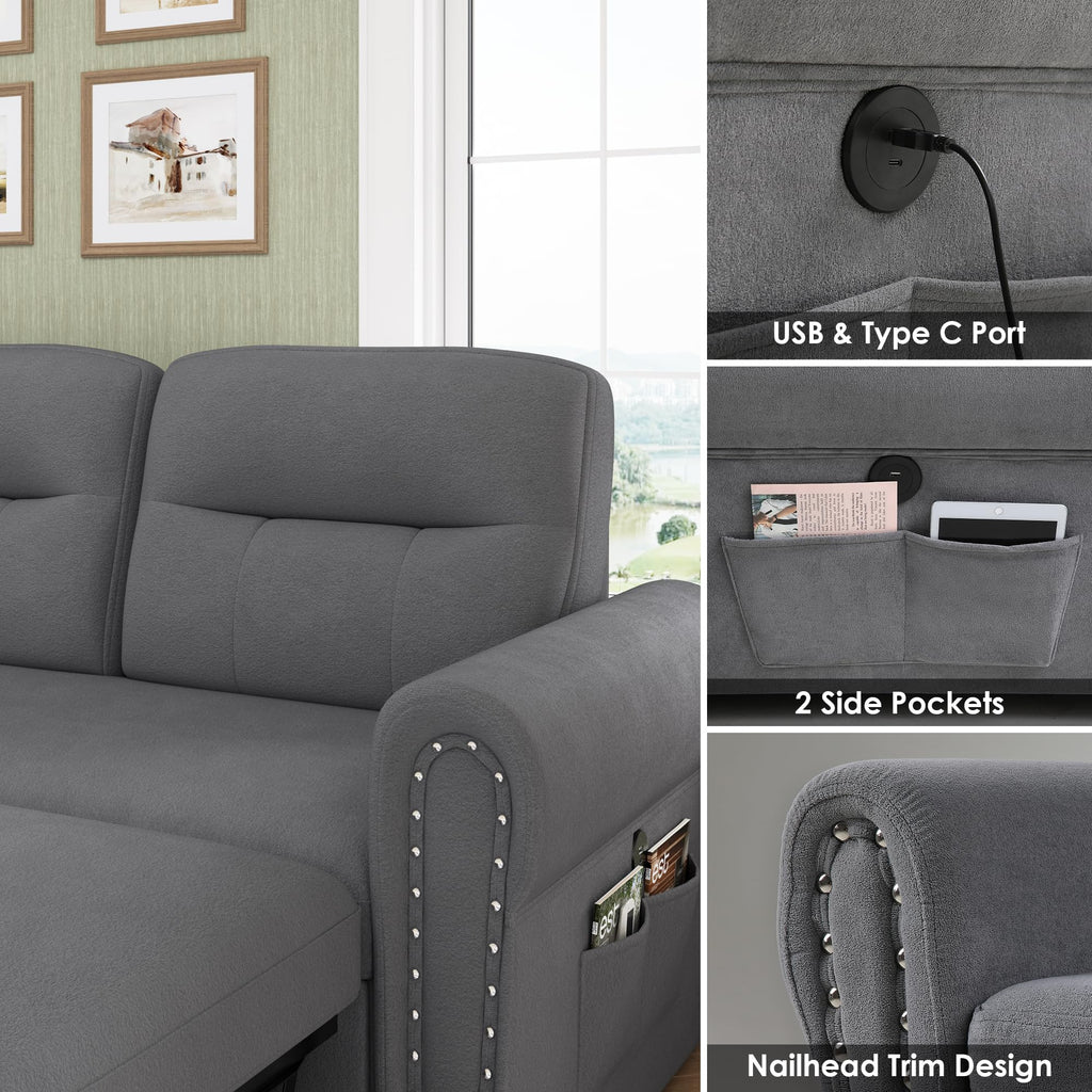 Sleeper Sofa Bed, 83'' Sectional Couch with Reversible Storage Chaise & Nailhead Armrest, Pull Out Couches, Side