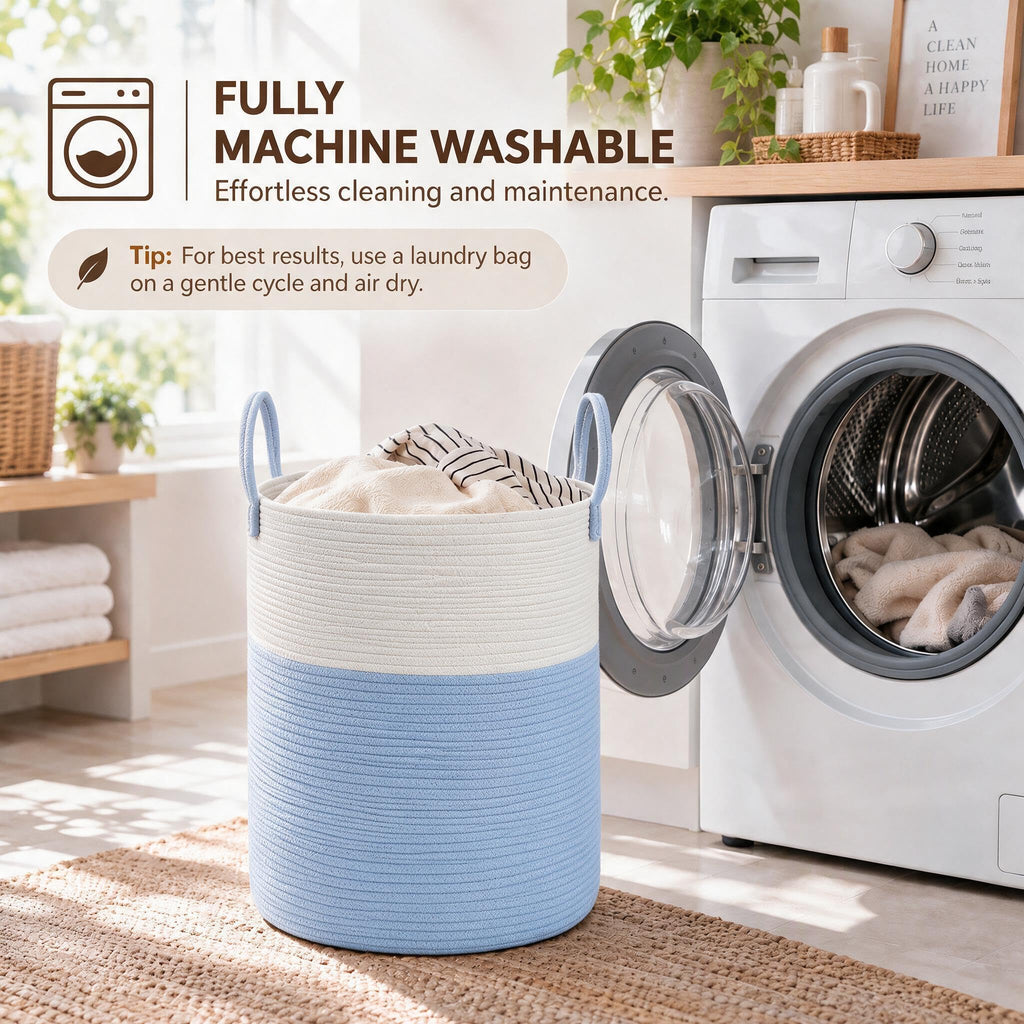 Cotton Rope Laundry Basket Hamper, White & Blue