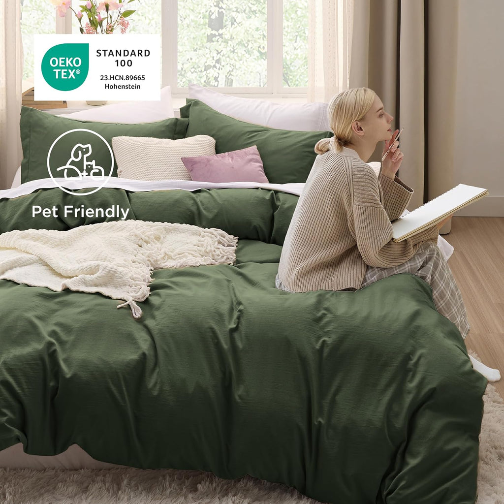 Olive Green Duvet Cover King - 3 Pieces Prewashed Cotton-Like Polyester Extra Soft Bedding Set, Includes 1 Duvet