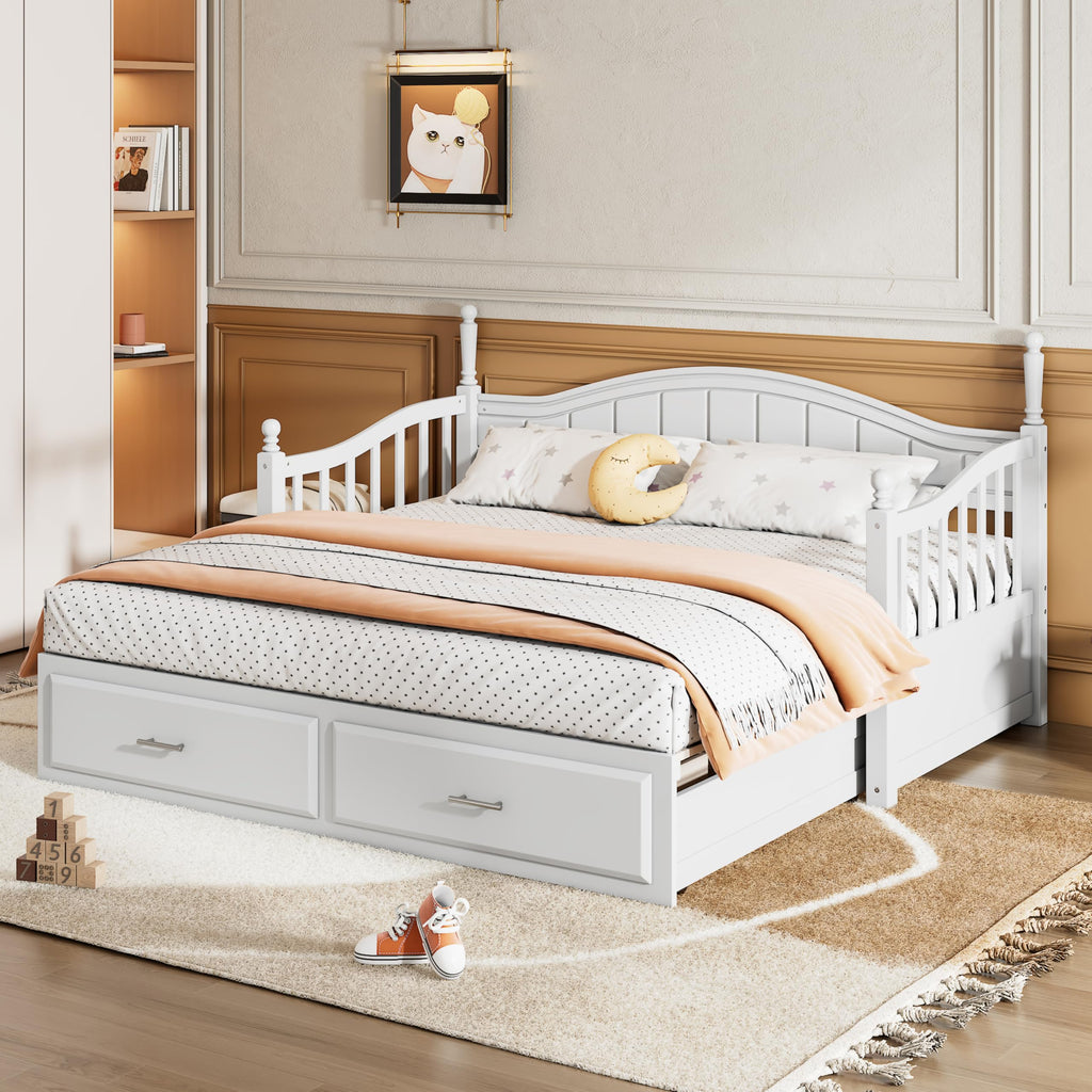 Multifunctional Extending Day Bed with Trundle & Drawers Twin to King Wood Sofa Bed with Headboard No Box Spring