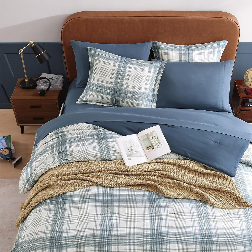 Full Comforter Sets, Blue Grey Plaid Bedding Set 7 Piece for Boys Girls Teen, Classic Homestead-Style Kids Comforter