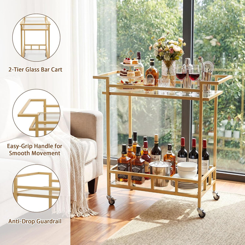 Gold Bar Carts for the Home, Bar Serving Cart with 2 Glass Shelves | Kitchen Beverage Cart / Liquor Cart for the