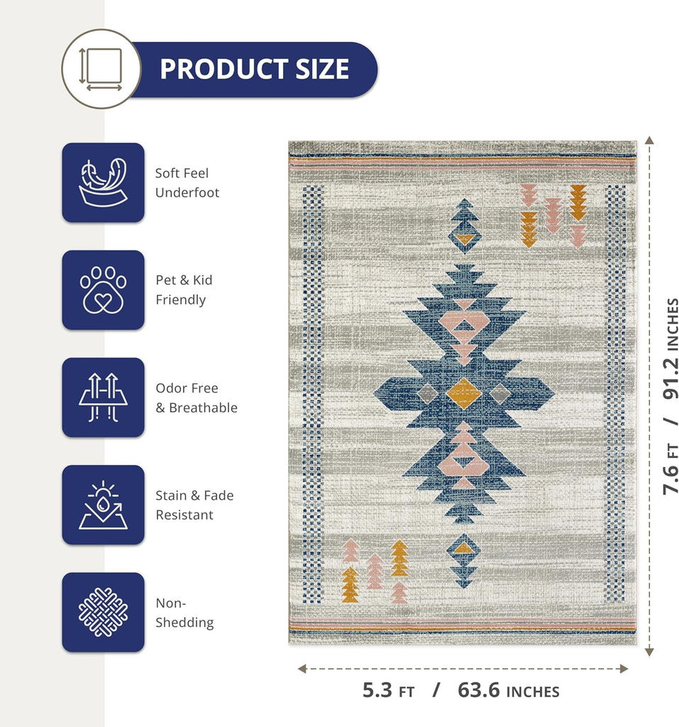 Porto Collection Southwestern Area Rug, Rectangular Turkish Beige & Blue Tribal Print Accent Rug Rugs