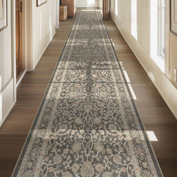 Custom Size Hallway & Stair Runner- Asha Rome Charcoal Brown 26 Inches Wide Super Thin Long Runner (26" x 3' Runner)