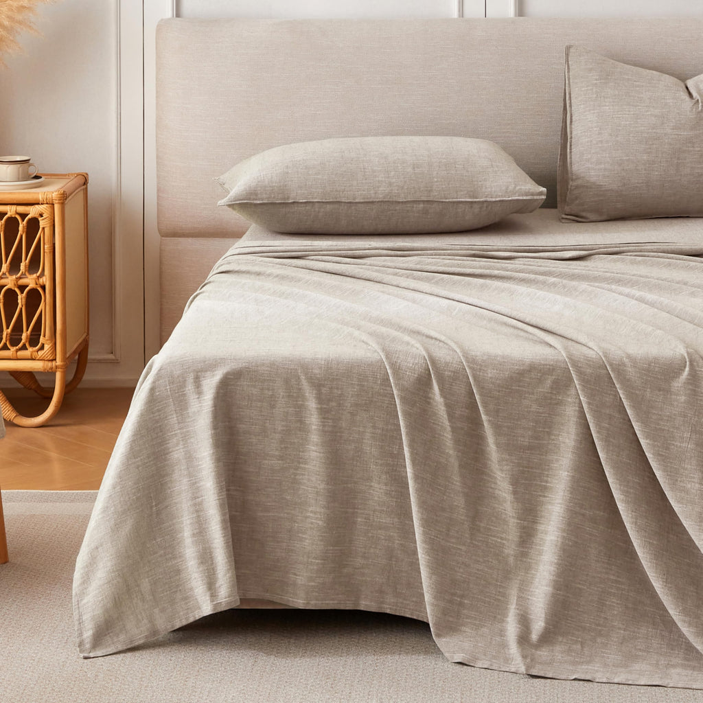 Linen Sheets King Size, Stonewashed Linen Cotton Blend Sheets with Slub Texture, Breathable & Soft Cotton Bedsheets
