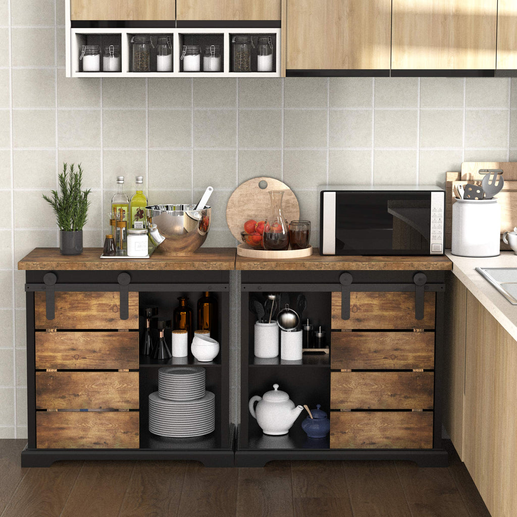 Sideboard Coffee Bar Cabinet, Modern Farmhouse Buffet Station Sliding Barn Door Storage Credenza Console with Slat and