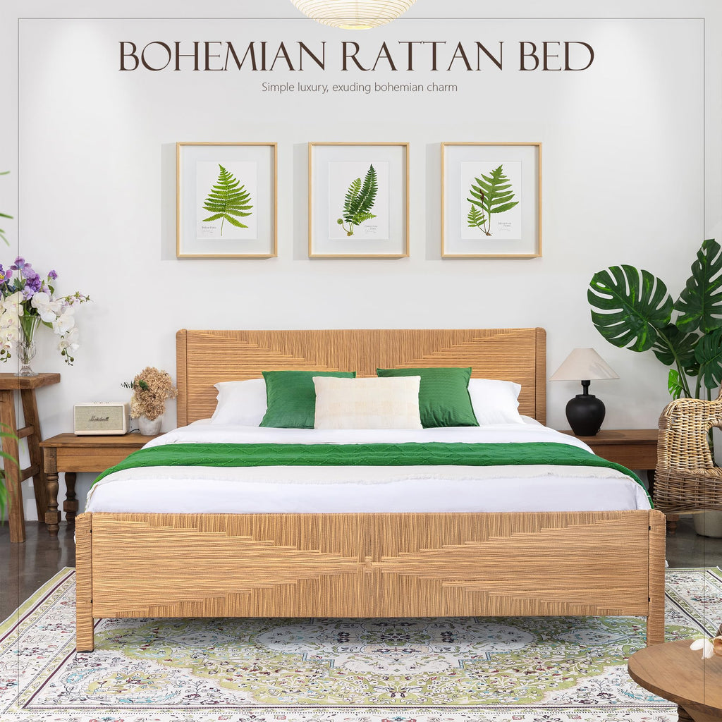 Hand-Woven PE Rattan Bed Frame with Headboard and Footboard, Boho Mid Century Modern Bedframe with Vintage