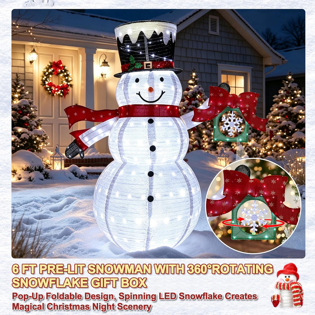 6FT Pop-Up Snowman,Christmas Decor with Rotating Snowflake GiftBox