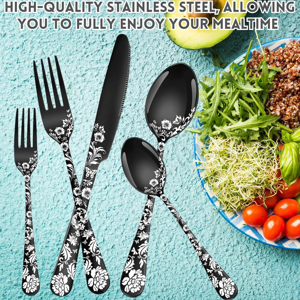20-Piece Peony Flower Pattern Design Silverware Set, Stainless Steel Flatware Set for 4, Black Cutlery, Mirror