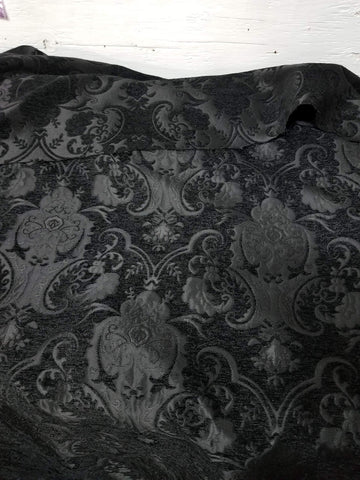 Chenille Baroque Upholstery, Damask Tapestry Chenille Fabric - Upholstery Fabric, Black/Black 58" Width - Sold by The