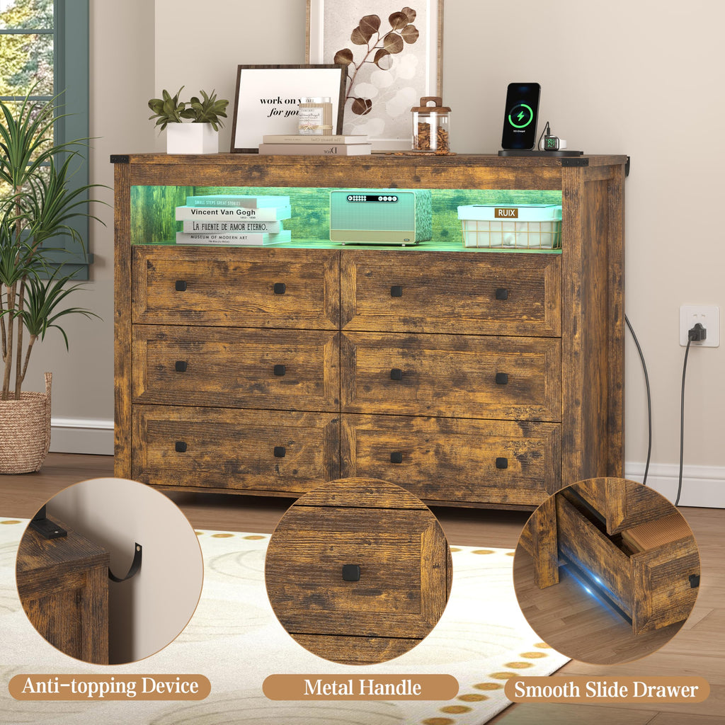Brown Dresser 6 Drawer Dressers with LED Lights, Charging Station, Wood Chest of Drawers with Metal Handles, Modern