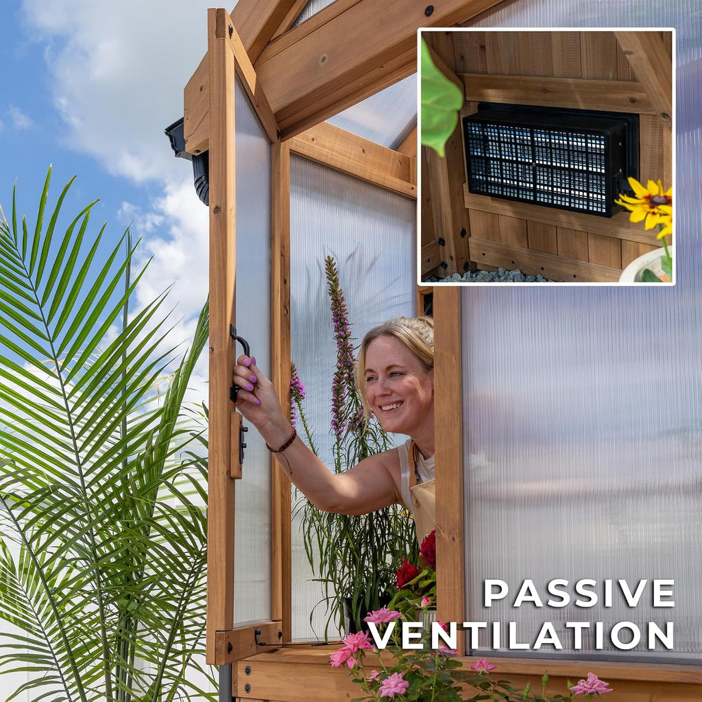 Discovery Savannah Chalet-Style 14.5' x 12' Cedar and Polycarbonate Walk-In Greenhouse Kit with Sink, Exhaust Fans