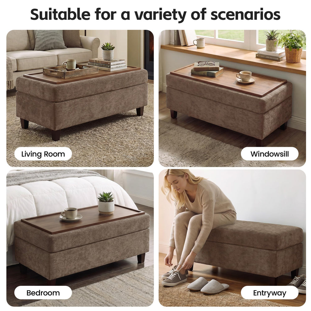 45" Ottoman Coffee Table with Storage, Reversible Wooden Tray Top, Large Storage Ottoman Bench, Chenille Upholstered