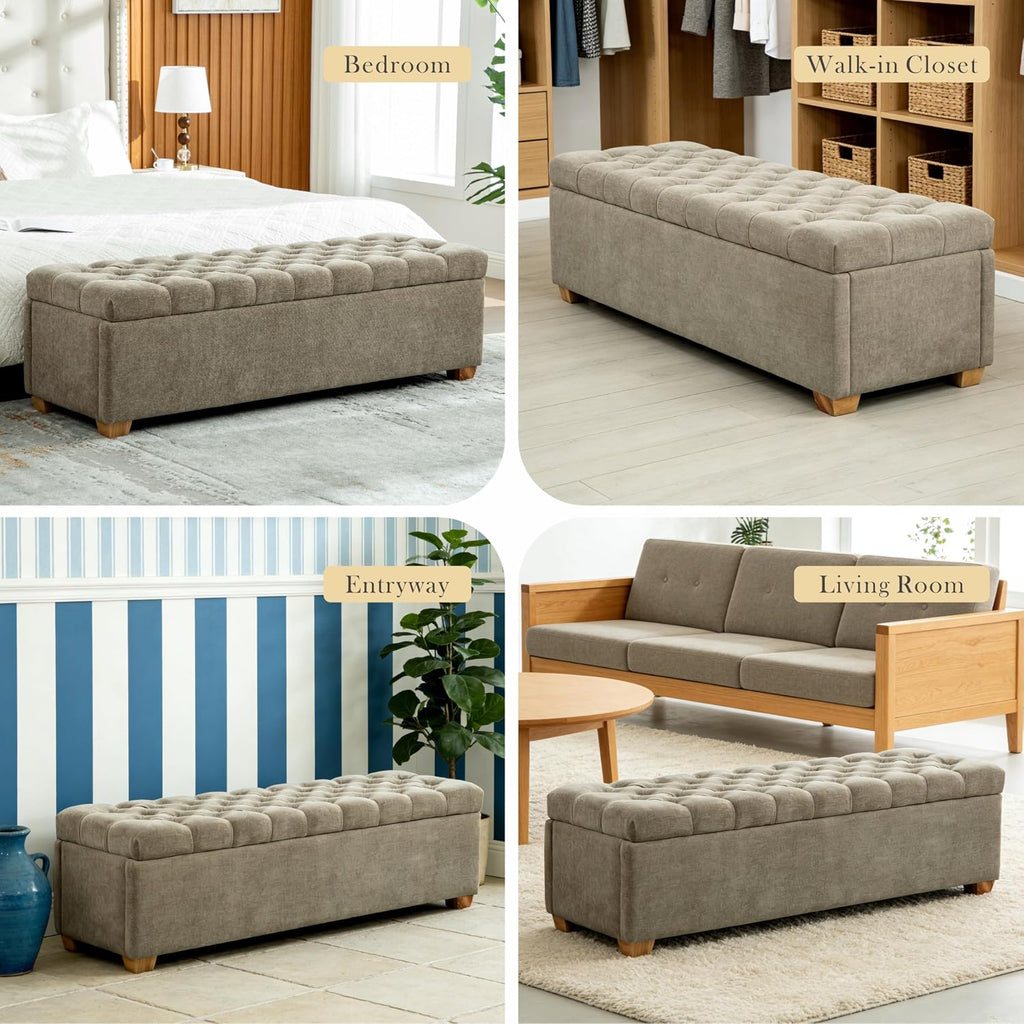 60.2'' W Storage Ottoman Bench, Chenille Upholstered Ottoman with Storage, End of Bed Storage Bench with Wood Legs