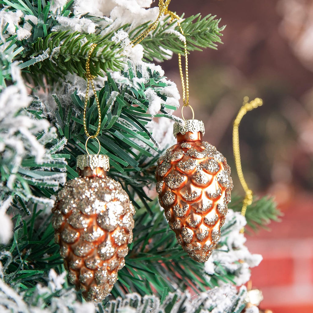 Christmas Pinecone Glass Hanging Ornaments, Xmas Tree Pinecone Decor - Set of 12