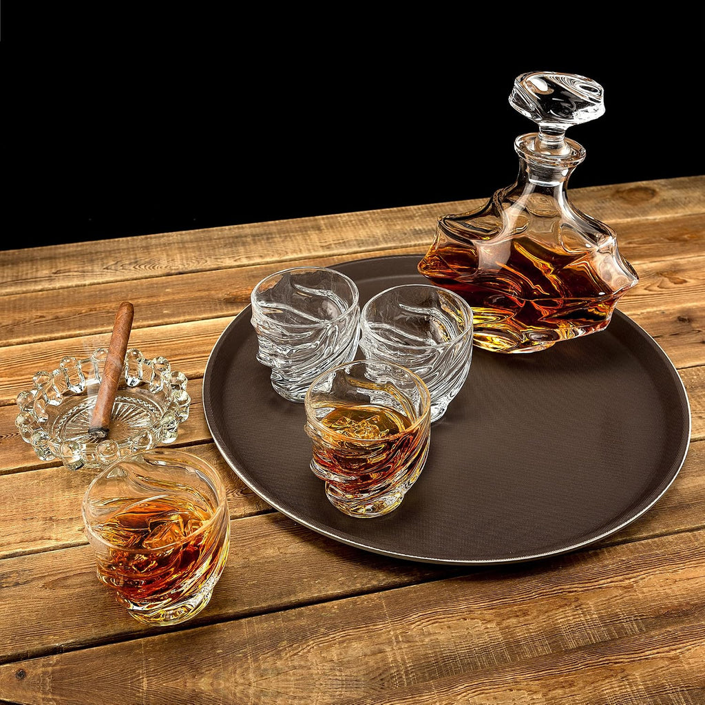 Whiskey Decanter Set - 25 Oz Crystal Liquor Decanter Carafe with 4 Rock Glasses 9 Oz For Bourbon, Scotch, Vodka, Rum - Set of 5