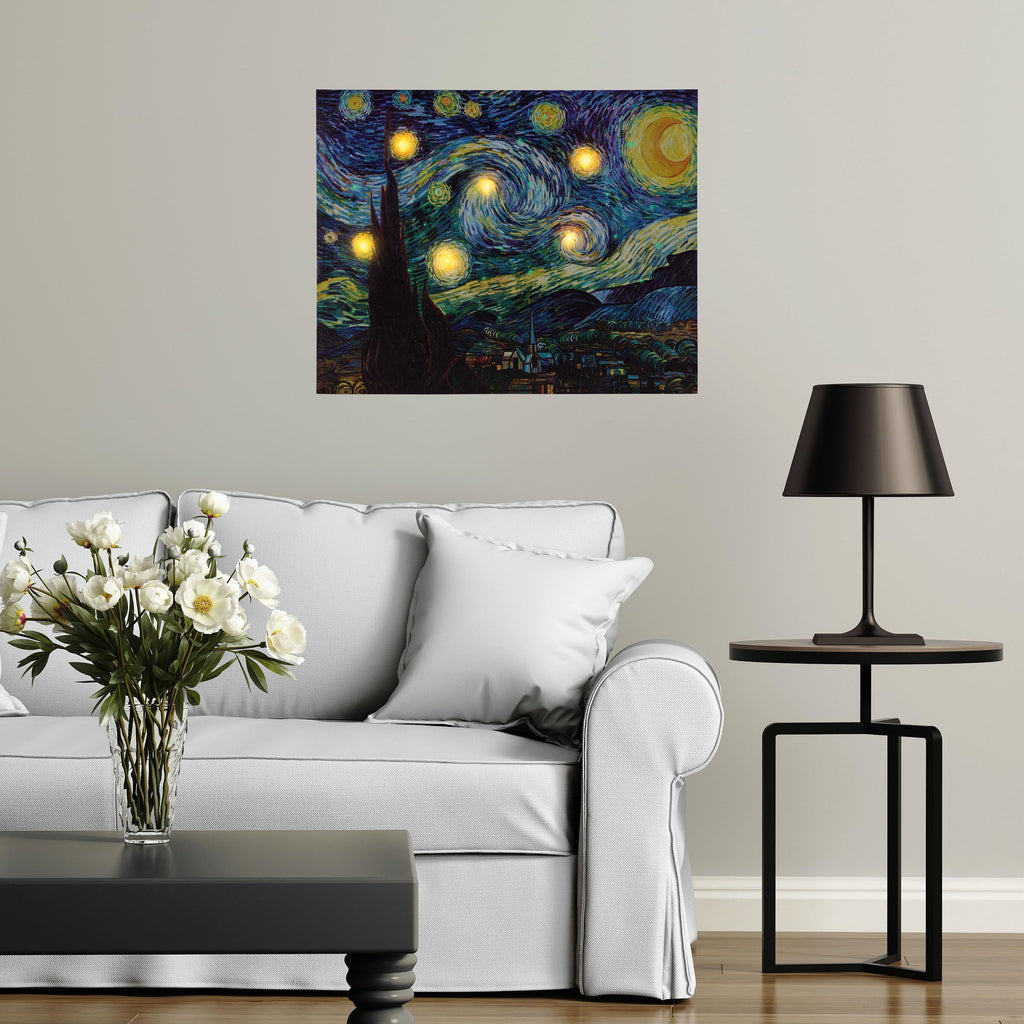 Van Gogh Wall Art Set - Lighted Canvas Starry Night Print with Timer Fiber Optic Lights and LED Flameless Candle