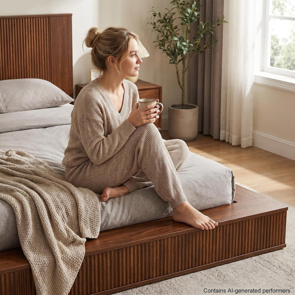 Japanese Wooden Floor Bed Frame Queen with Walnut Headboard