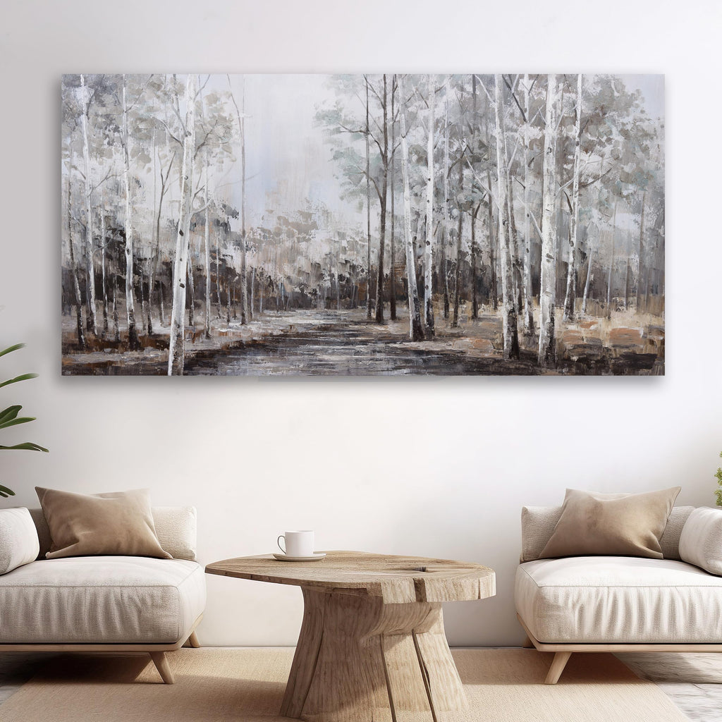 White Birch Tree Wall Art Grey Forest Painting Abstract Canvas Art Landscape Panoramic Picture Nature Artwork Framed