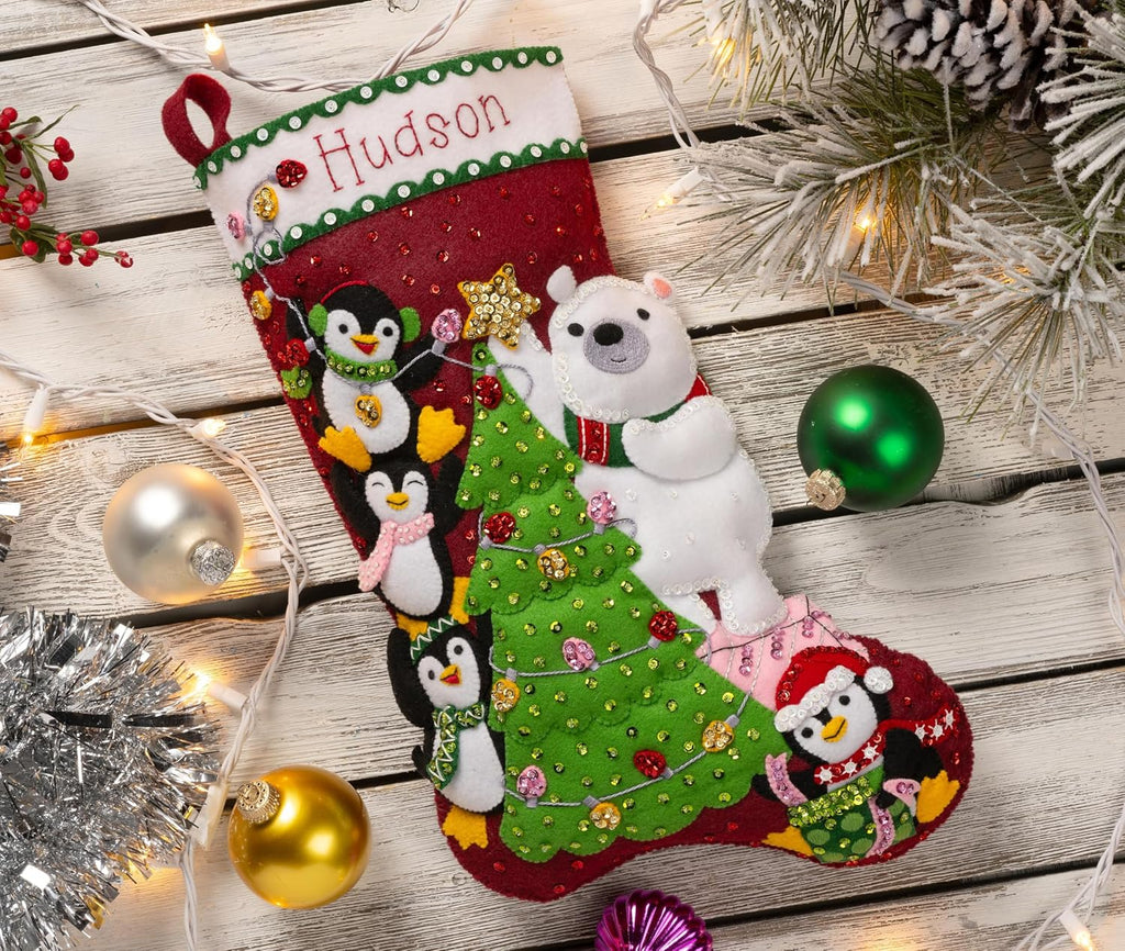Felt Applique 18" Stocking Making Kit, Arctic Tree Trimmers - Set of 18