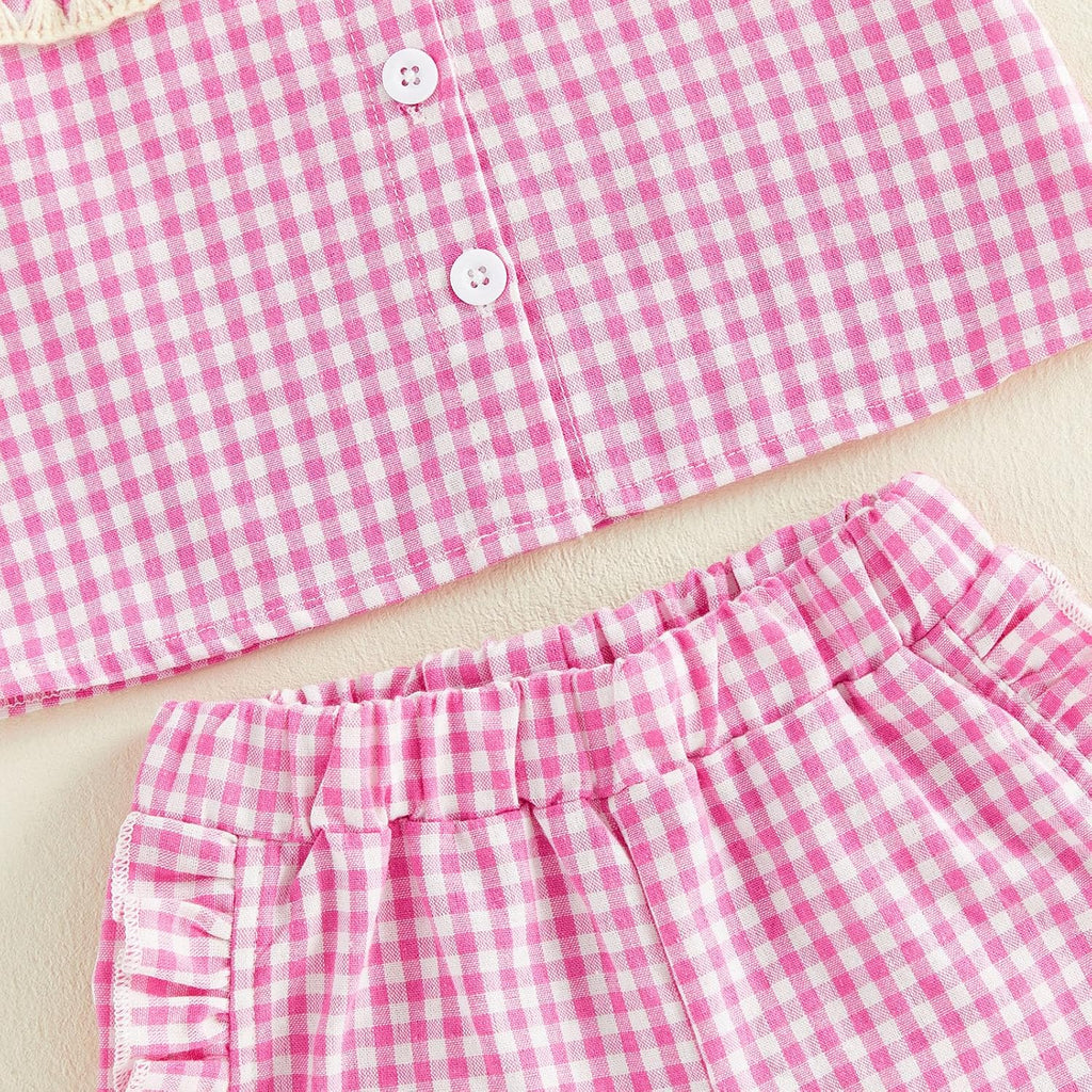 Toddler Baby Girl Summer Outfit Peter Pan Collar Sleeveless Vest Tank Top Ruffles Gingham Shorts Set Summer Clothes