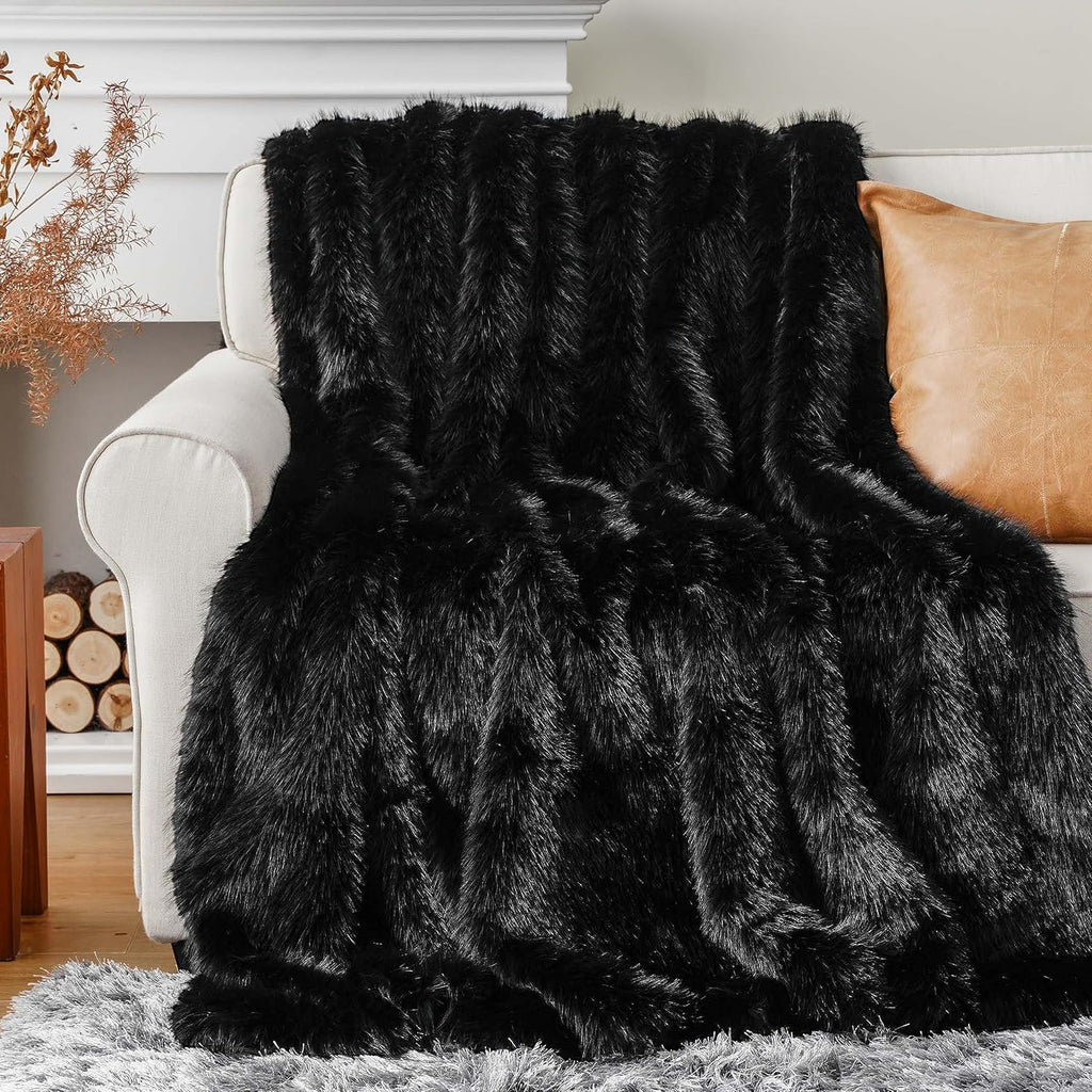 Luxury Fluffy Black Faux Fur Throw Blanket, Black Blanket for Couch, Sofa, Chair, Bed, Plush Fuzzy Cozy Fur Throws
