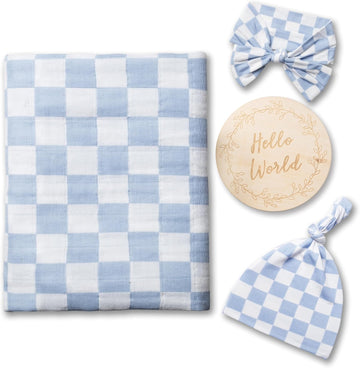 Checkered Muslin Swaddle Set, 100% Organic Cotton, Mist Blue,Checkerboard, Gender-Neutral, with Matching Bow, hat